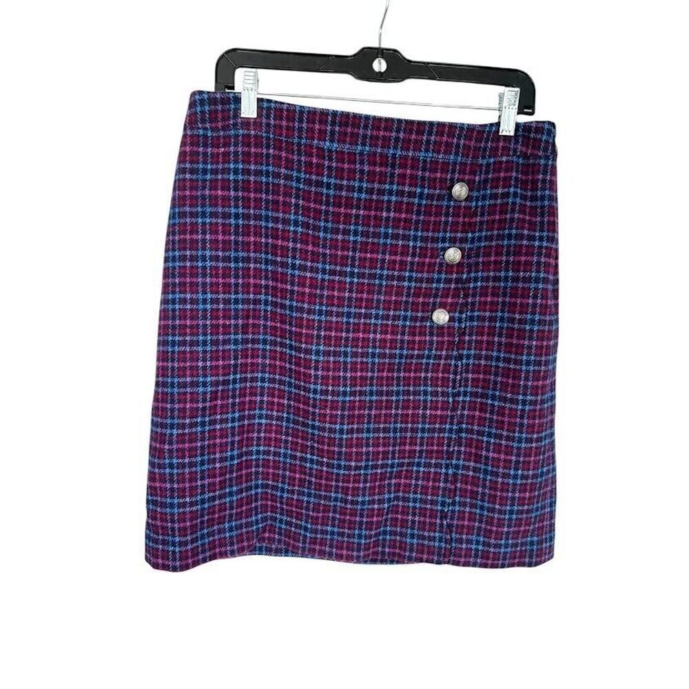 Talbots Mini‎ Pencil Skirt 10 Purple Plaid Faux Wrap Wool Academia Preppy Career